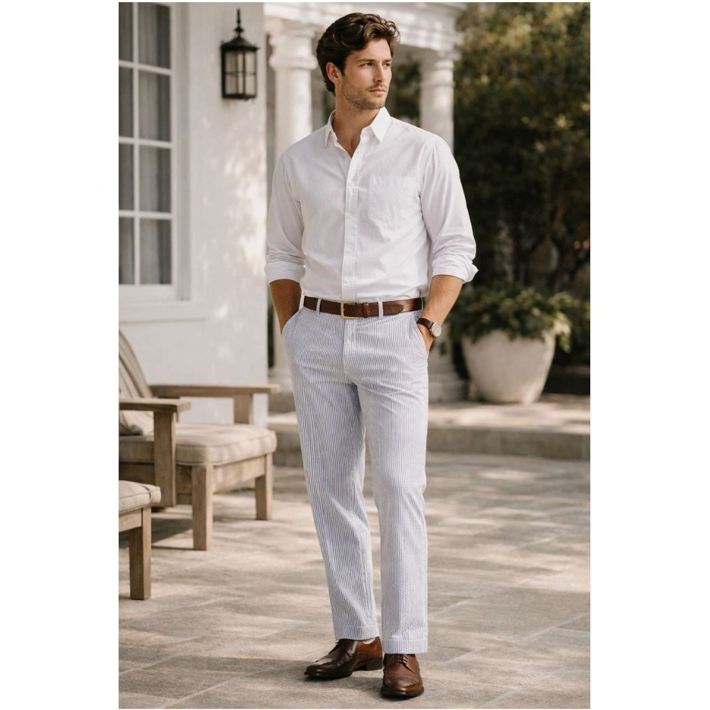 BROOKS BROTHERS Clark Fit Seersucker Trousers Striped Preppy Blue White Sz 34x30